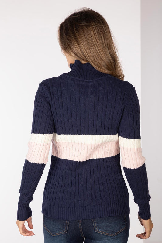 Ladies Striped Quarter Zip Jumper Bramham Navy