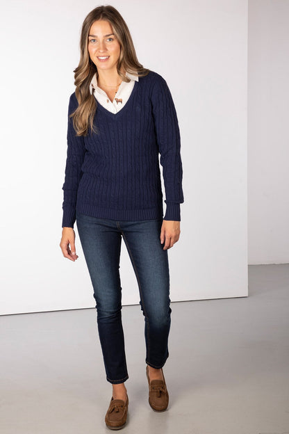 Ladies V Neck Cable Knit Jumper Emma Navy