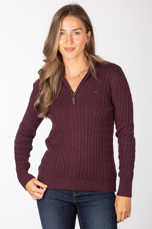 Ladies Quarter Zip Cable Knit Jumper Emma Burgundy
