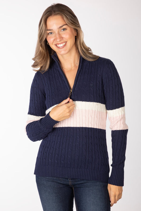Ladies Striped Quarter Zip Jumper Bramham Navy