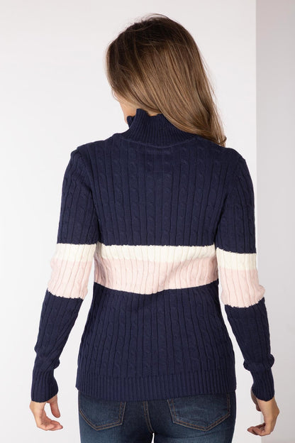 Ladies Striped Quarter Zip Jumper Bramham Navy