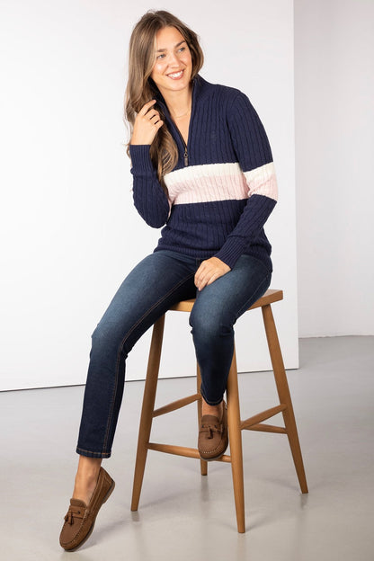 Ladies Striped Quarter Zip Jumper Bramham Navy