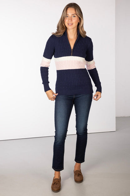 Ladies Striped Quarter Zip Jumper Bramham Navy
