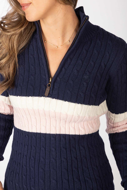 Ladies Striped Quarter Zip Jumper Bramham Navy